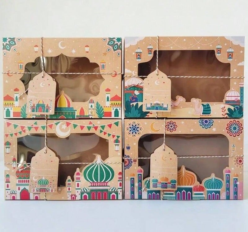 Eid & Ramadan Party Favors 4 Gift Boxes + 4 Greeting Cards + 4 Decorative Wrapping Strings, Ramadan Design with Clear Window, Hanging Tags & Tying String, Perfect for Candy Gifts and Adding a Beautiful Touch to Party Decoration, Eid Decor, Event Supplies & Table Setup - Image 2